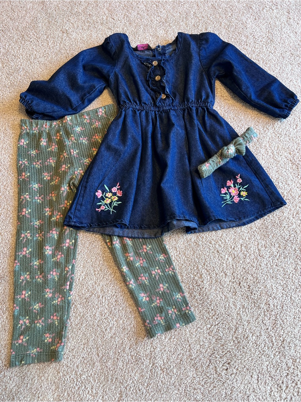 Girls Denim Floral Dress with Green Floral Leggings
